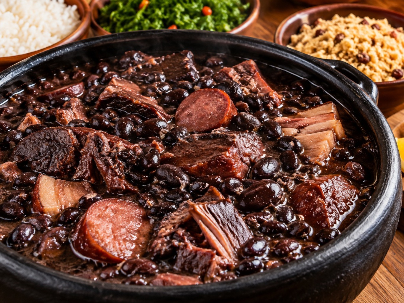 Feijoada completa servida em panela de barro, com arroz, couve e farofa, no Mayro's Restaurante e Choperia em Volta Redonda